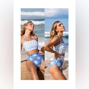 Retro Patchwork Halterneck Bikini Top & High-Rise Bottoms Set